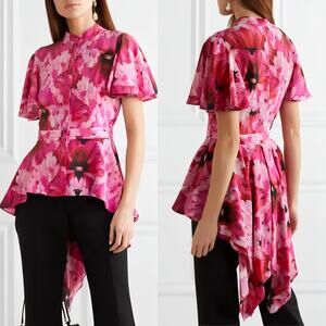 Alexander McQueen Floral Silk High Low Peplum Blouse Pink Size 38